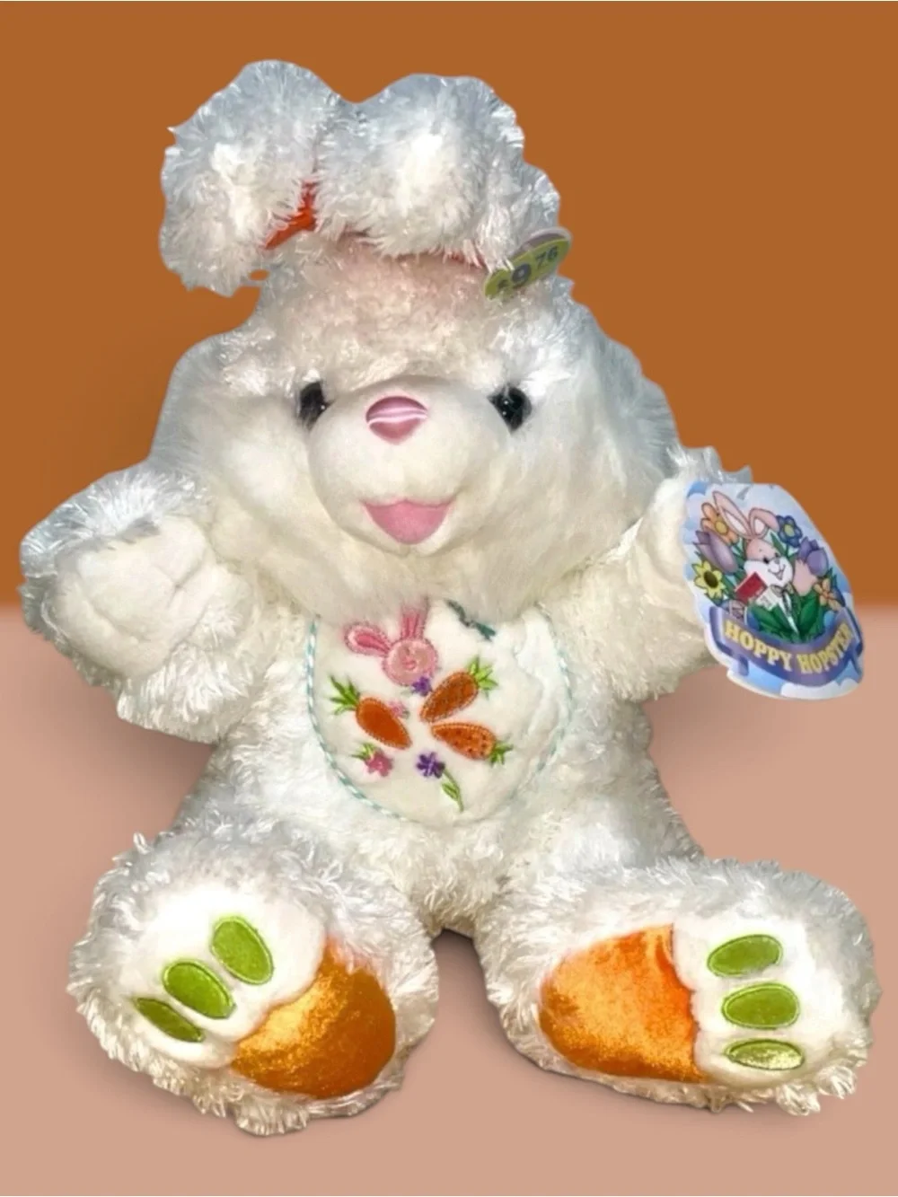 Vintage Hoppy Hopster White Easter Bunny Plush with Carrot Bib 24”